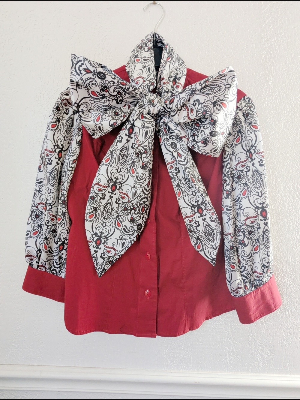 Women Red Button-Up Top with Paisley Bow